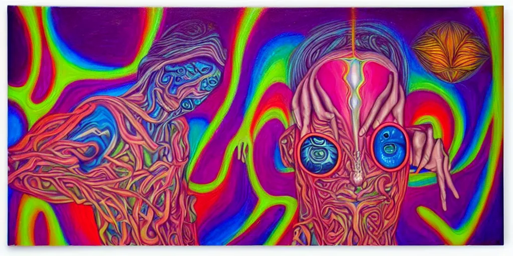 Prompt: love conciousness ( ( ( psychedelic dripping color ) ) ), detailed painting by painting by pablo amaringo alex grey