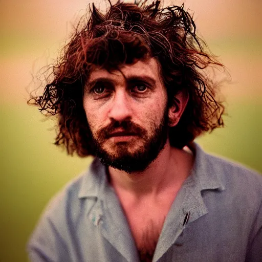 Image similar to A 4x5 portrait of a man, who is dishevelled and beaten down, a million-mile stare, bokeh, depth of field, pastel colours overlap, grainy, rule of thirds