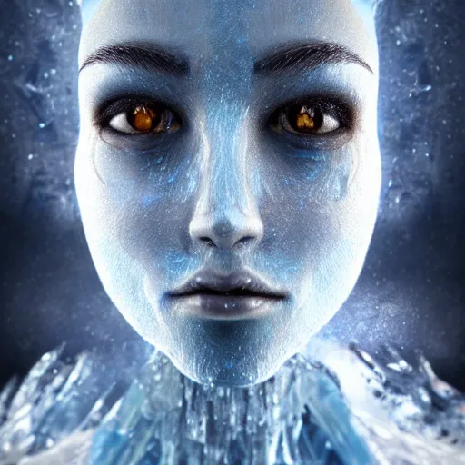 Image similar to a portrait photo of an ice elemental, human features, extremely detailed, beautiful portrait, fantasy art, face mad out of ice, ice person, photorealistic