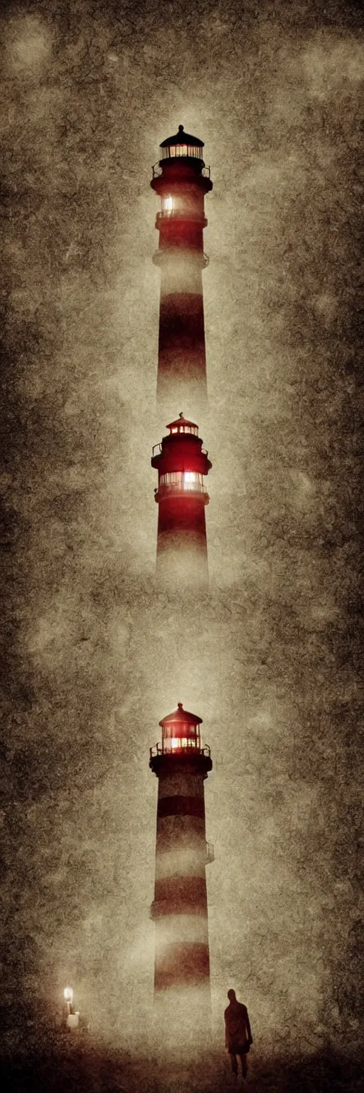 Image similar to lighthouse in the middle of the ocean, covered in silent hill style sigils, horror, person standing with a lantern centered in the foreground, spooky, scary