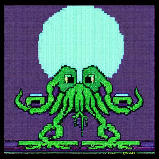 Image similar to “ pixel art of cthulhu, ominous, moonlight ”