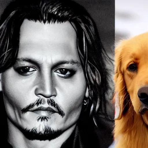 Image similar to photograph of johnny depp's head on the body of a golden retriever, hd, detailed face