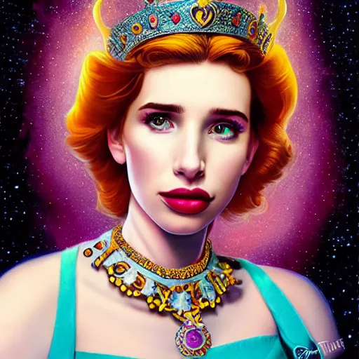 Image similar to cosmic portrait of Emma Roberts as queen, Pixar style, by Tristan Eaton Stanley Artgerm and Tom Bagshaw.