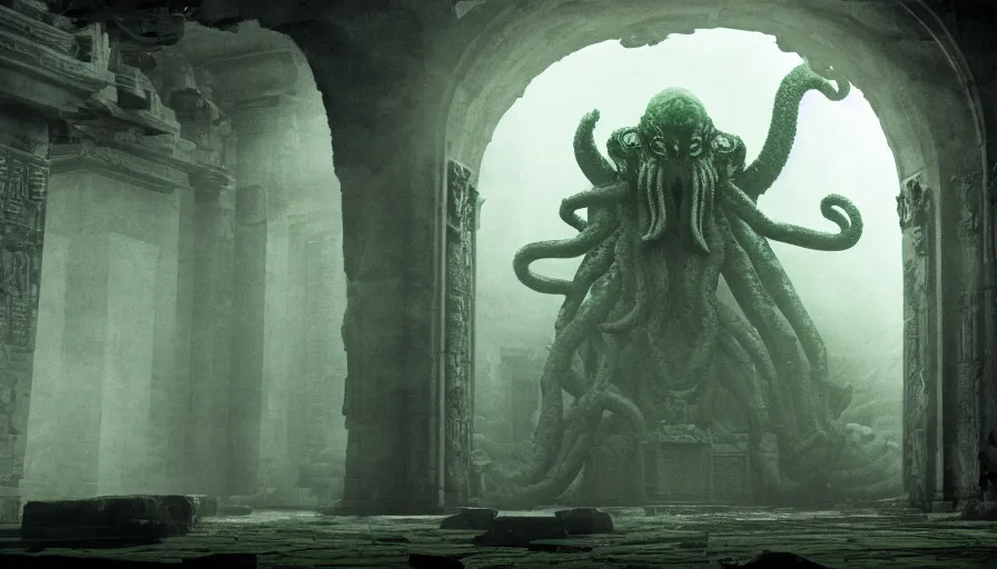 Image similar to cinematic film still, inside an huge ancient temple, Cthulhu, ancient, green ambient light, light mist, lovecraftian 4k C 10.0