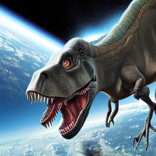 Image similar to dinosaurs living in space, realistic, detailed, precise, 4k