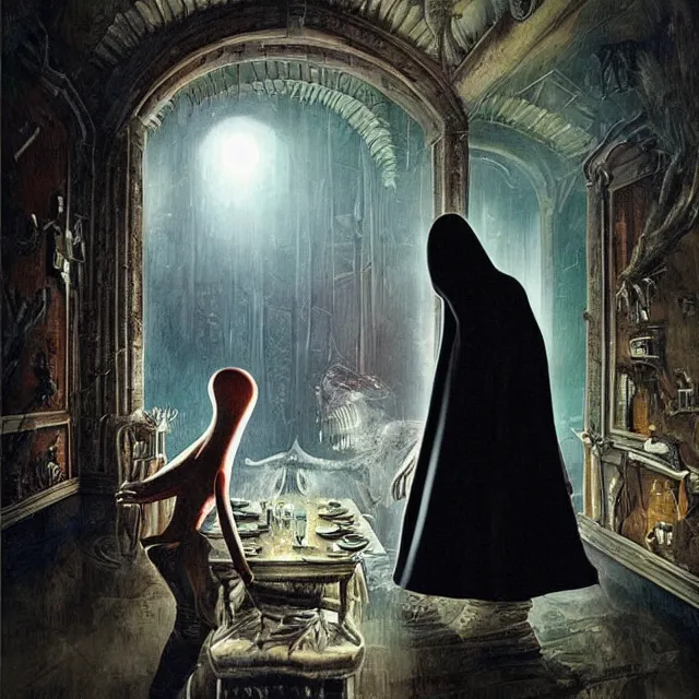 Prompt: a strange creature greeting a female explorer in a dining room, haunted house, masterpiece, grasping pseudopods, rhads!!!, magical realism, urban fantasy, a hooded figure, a fierce woman, ( h. r. giger )