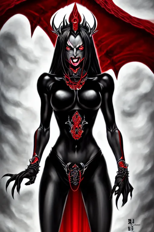 Prompt: one beautiful demon queen woman only, evil grin, manga style only, black white and red colors only, symmetrical face, symmetrical full body, demonic, cinematic, powerful, super detailed and intricate, hyper realistic, 4 k render, by artgerm, by kyoung hwan kim, by ralph mcquarrie, by yoshiyuki tomino
