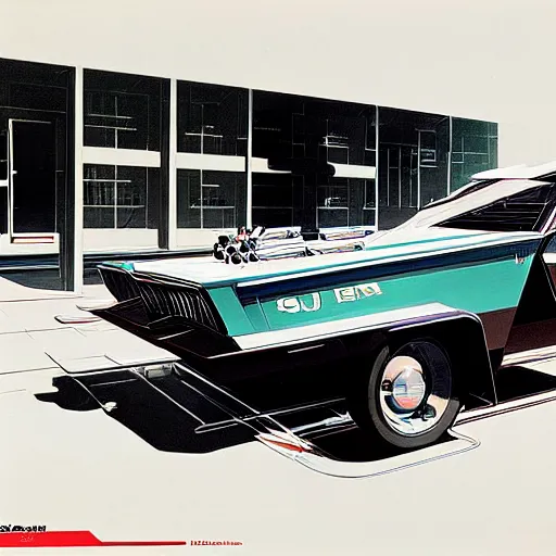 Image similar to concept art for a station wagon covered in mounted guns, painted by syd mead, high quality