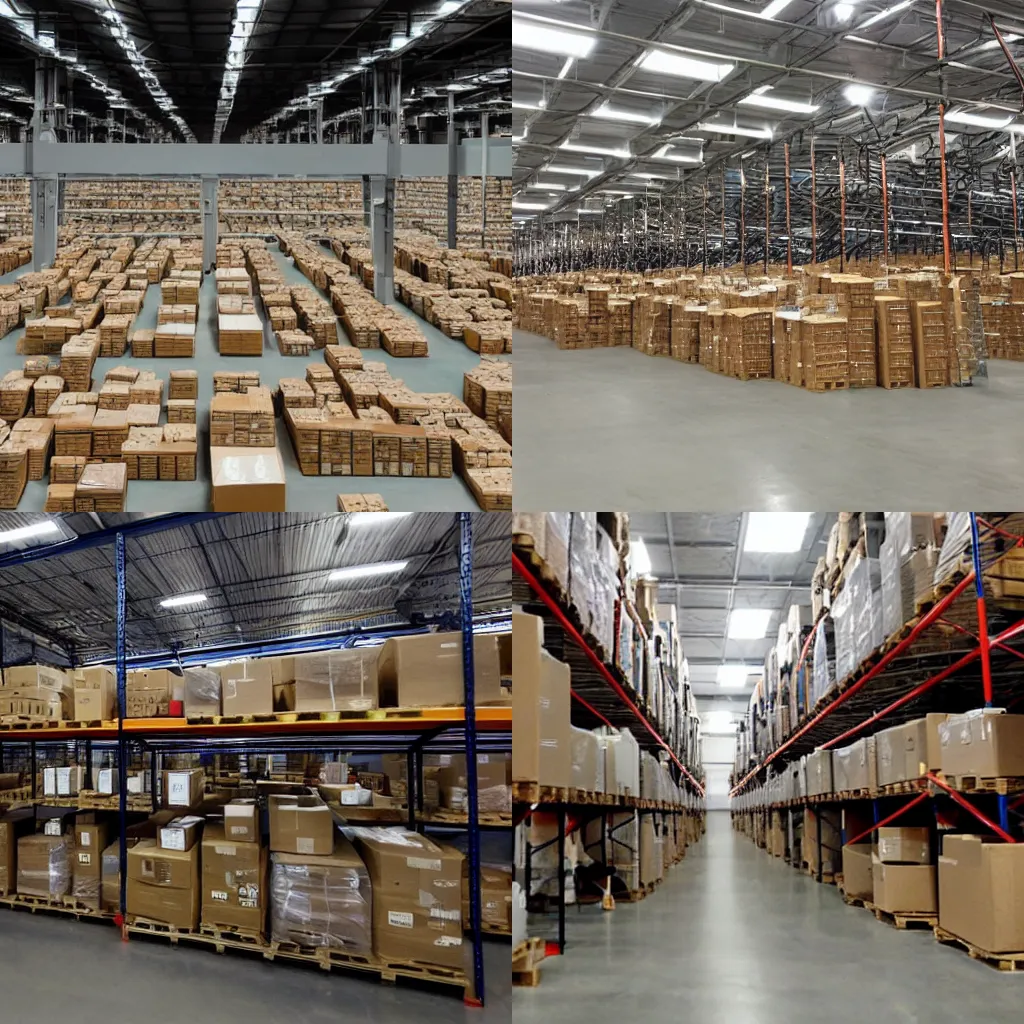 Prompt: Warehouse full of top-secret boxes as far as the eye can see