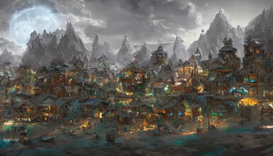 Image similar to Futuristic village by Hal Lasko, hyperdetailed, artstation, cgsociety, 8k
