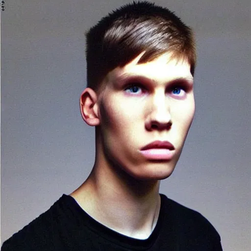 Image similar to A colored colorized real high school photograph portrait of Jerma as a teenager with an emo haircut and black shirt and acne, taken in the mid 2000s, taken on a 2000s Camera, realistic, hyperrealistic, very realistic, very very realistic, highly detailed, very detailed, extremely detailed, detailed, digital art, trending on artstation, headshot and bodyshot, detailed face, very detailed face, very detailed face, real, real world, in real life, realism, HD Quality, 8k resolution, intricate details, colorized photograph, colorized photon, body and headshot, body and head in view