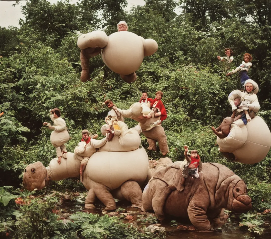 Prompt: a 3 5 mm photography, kodachrome colour, of grandpa with white michelin man costume, riding a hippo, strange creatures and alien plants around, photos taken by martin parr