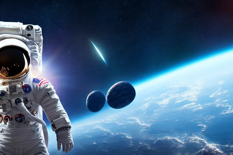 Image similar to astronaut in space wearing a spacesuit floating, meteor hitting earth in background, highly detailed, photorealistic portrait, bright studio setting, studio lighting, crisp quality and light reflections, unreal engine 5 quality render