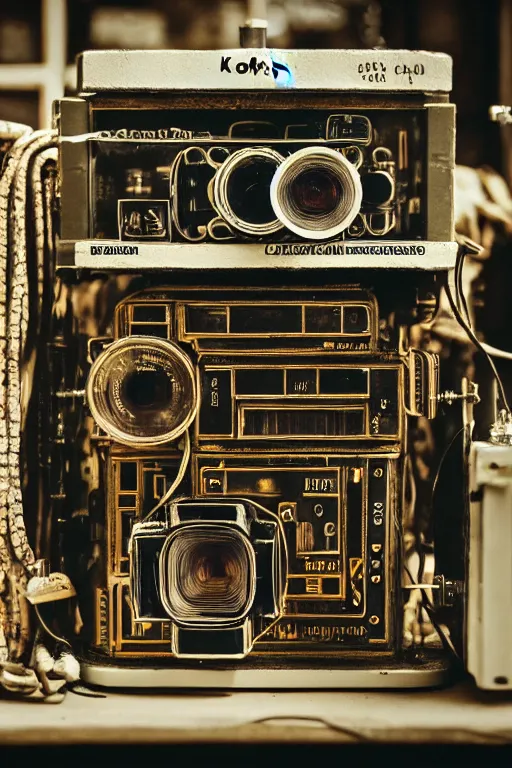 Image similar to a photo taken by someone who doesn't know how to use a camera, the most complex kodak camera ever made with vacuum tubes, capacitors and coils inside, through a dirty store window by Wes Anderson, grungy, weathered Ultra detailed, hyper realistic, 4k