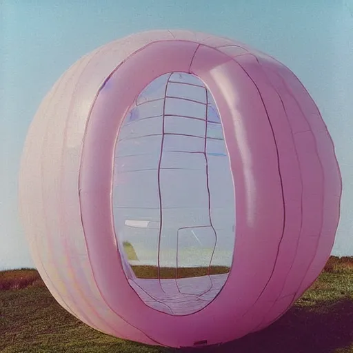 Prompt: a pastel colour high fidelity wide angle Polaroid art photo from a holiday album at a seaside with abstract inflatable parachute furniture, spheres. A sculpture named ‘self care” is the focal point, all objects made of transparent iridescent Perspex and metallic silver fabric, a grid of sun beds iridescence, nostalgic