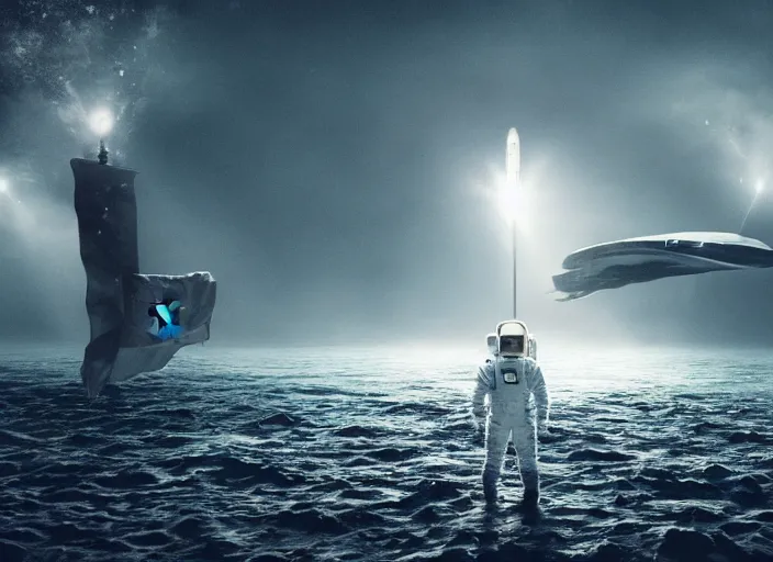 Image similar to astronaut holding a flag in an underwater desert. a submarine is visible in the distance. dark, concept art, cinematic, dramatic, atmospheric, 8 k, trending on artstation, blue, fish, low visibility, fog, ocean floor, christopher nolan, interstellar