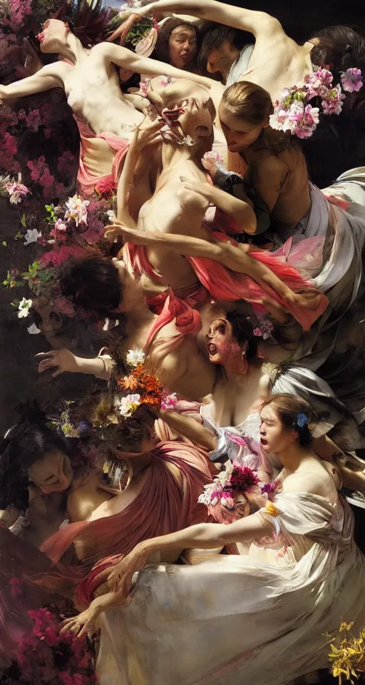 Prompt: top angle view, wide lens of multiple interracial females draped in rotten colorful flowery dress, dancing with each other, epic composition, beautiful concept painting by caravaggio, digital illustration ruan jia, greg rutkowski