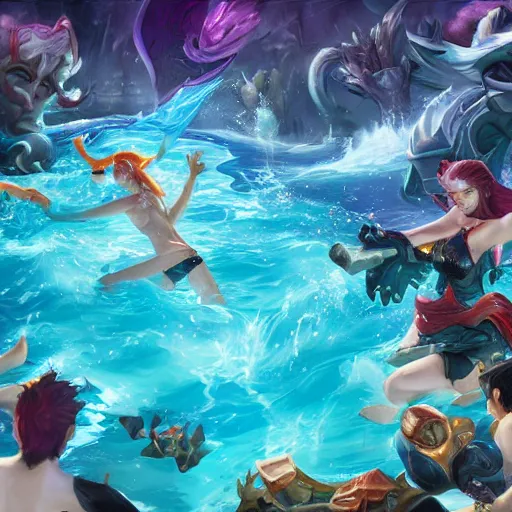 Image similar to league of legends splash art swimming in pool by bo chen