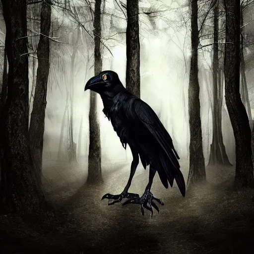 Image similar to werecreature consisting of a crow and a human, featured on artstation, photograph captured in a dark forest