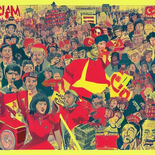 Image similar to a communist revolution in Candy Land, 1960s illustration, high quality, collage in the style of Klaus Voormann and Chinese Propaganda and the Beatles, album cover