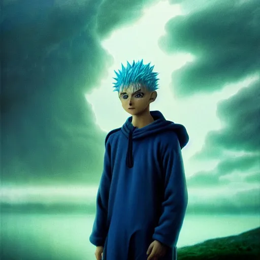 Prompt: killua zoldyck made by zdzisław beksinski, thunderstorm, lighting, blue, pose, 8 k, detailed, high quality, 8 k, detailed face, light