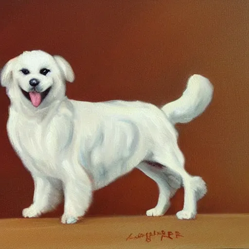 Image similar to an old painting of a sichon dog with short hair, happy with their tongue out