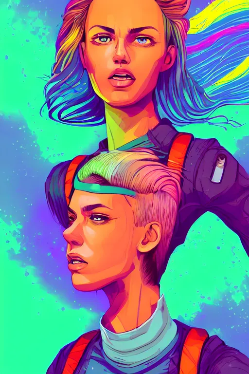 Image similar to a award winning half body portrait of a beautiful woman with stunning eyes in a croptop and cargo pants with rainbow colored ombre hairstyle head in motion and hair flying by josan gonzales, outrun, vaporware, shaded flat illustration, digital art, trending on artstation, highly detailed, fine detail, intricate