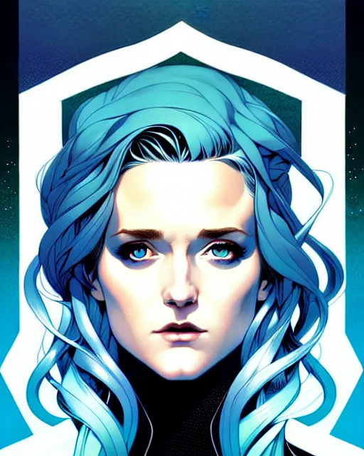 Image similar to artgerm, joshua middleton comic cover art, full body pretty evan rachel wood ice queen, symmetrical eyes, symmetrical face, long curly blue hair, icy forest, chiral lighting