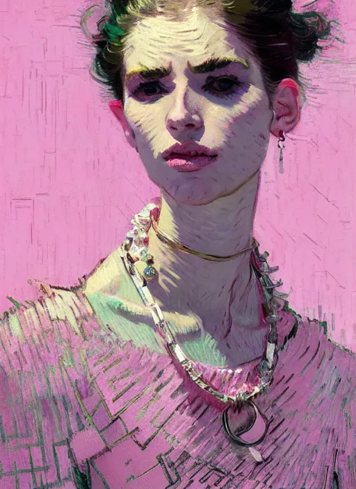 Prompt: portrait of a beautiful girl, necklace, eyes closed, open mouth, shades of pink, beautiful face, rule of thirds, intricate outfit, spotlight, by greg rutkowski, by jeremy mann, by francoise nielly, by van gogh, digital painting