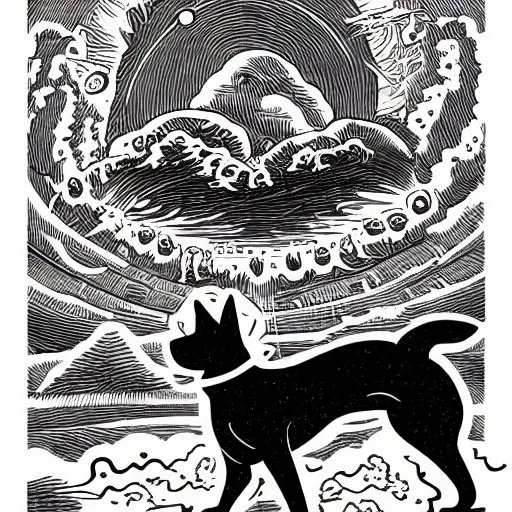 Image similar to mcbess illustration of a dog creating the universe, ultra realistic, epic, dramatic lighting