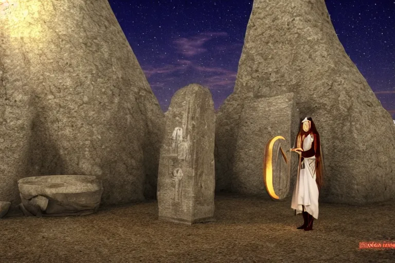 Image similar to Ġgantija megalithic temple complex malta priestess woman performing ritual at night druid fantasy art 3d render