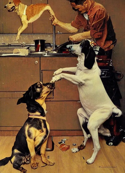 Image similar to a norman rockwell painting of an exploding dog