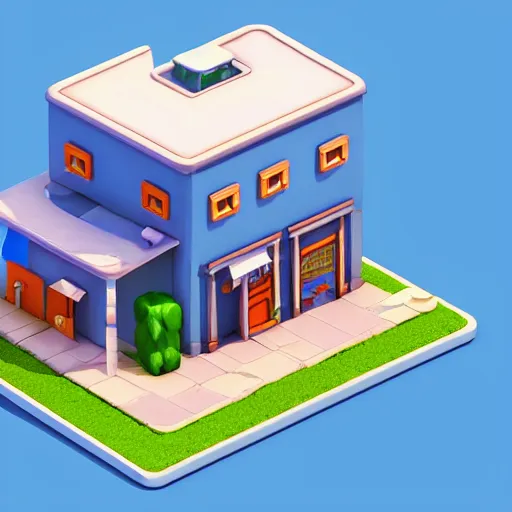 Image similar to chubby cute mobile game house, 1 0 0 mm, 3 d render, isometric, blue background,