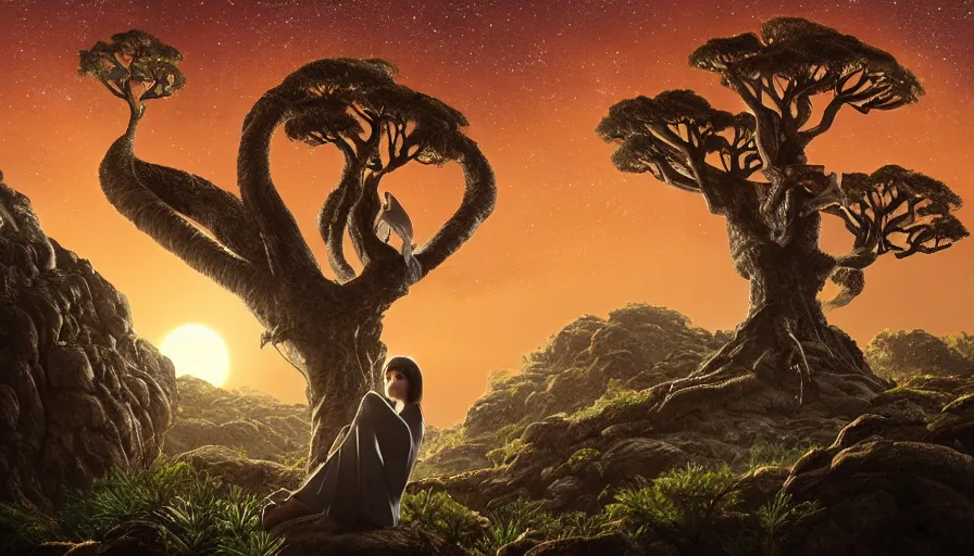 Image similar to very very small owl, sitting on a gigantic dragon tree in moonlit socotra island by ilya kuvshinov, starry night, rtx rendering, octane render 1 2 8 k, maya, extreme high intricate details by tom bagshaw, medium shot, close up shot, composition by sana takeda, lighting by greg rutkowski