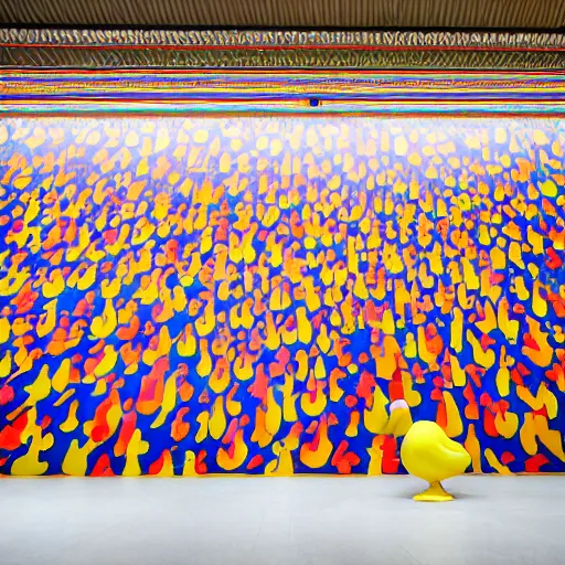 Image similar to wide shot, one photorealistic rubber duck in foreground on a pedestal in an cavernous museum gallery, metropolitan museum of art, the walls are covered with colorful geometric wall paintings in the style of sol lewitt, tall arched stone doorways, through the doorways are more wall paintings in the style of sol lewitt.