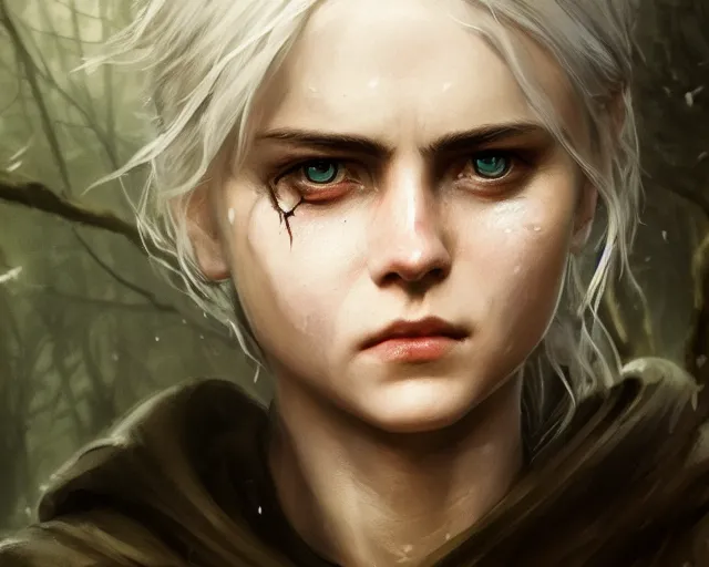 Image similar to 5 5 mm portrait photo of a real life tough looking battle hardened ciri with a thin face and a large scar across her left cheek, in a magical forest. dark atmosphere. art by greg rutkowski. highly detailed 8 k. intricate. lifelike. soft light. nikon d 8 5 0.