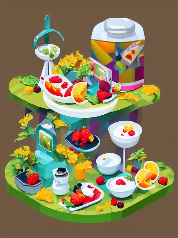 Image similar to miniature isometric diorama of yogurt with fruits, colorful