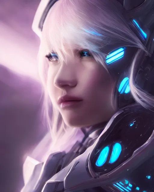 Image similar to perfect android girl on a mothership, warframe armor, beautiful face, scifi, futuristic, galaxy, nebula, raytracing, dreamy, long white hair, blue cyborg eyes, sharp focus, cinematic lighting, highly detailed, artstation, divine, by gauthier leblanc, kazuya takahashi, huifeng huang