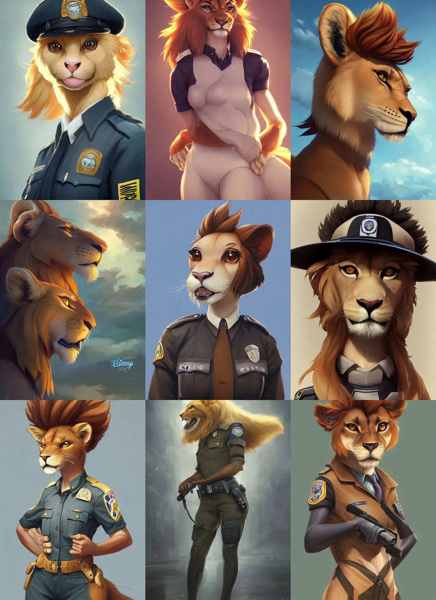 Prompt: beautiful portrait of a female anthropomorphic lioness fursona wearing a police uniform. character design by disney, charlie bowater, ross tran, artgerm, and makoto shinkai, detailed, soft lighting, rendered in octane