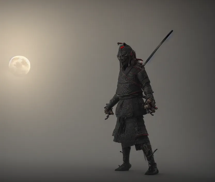 Prompt: 'a samurai! haunted by souls with a big full moon on background , gloomy and foggy atmosphere, octane render, artstation , horror scene, highly detailded'