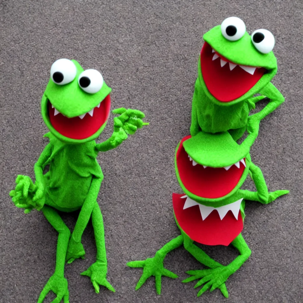 Prompt: evil scary kermit the frog with realistic pointy teeth