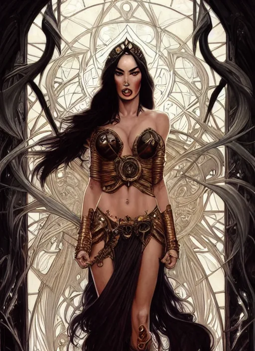 Prompt: megan fox as the goddess of chaos!! intricate elegant, highly detailed, digital painting, artstation, concept art, smooth, sharp focus, illustration, art by ( ( ( artgerm ) ) ) and greg rutkowski! and ( ( alphonse mucha ) ), heavily influenced by frank frazetta and boris vallejo