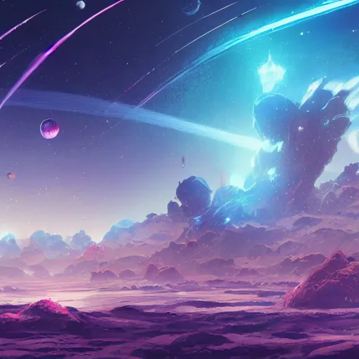 Image similar to concept art of an alien outer space galaxy, open expanse, stars, meteorites, floating debris, beautiful, fantasy, colorful, cinematic lighting, artstation, trending, highly detailed, focus, smooth, by studio ghibli, rossdraws, hirohiko araki, conrad roset, yoshitaka amano