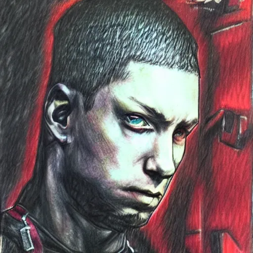 Prompt: color pencil sketch of Eminem, Yoji Shinkawa