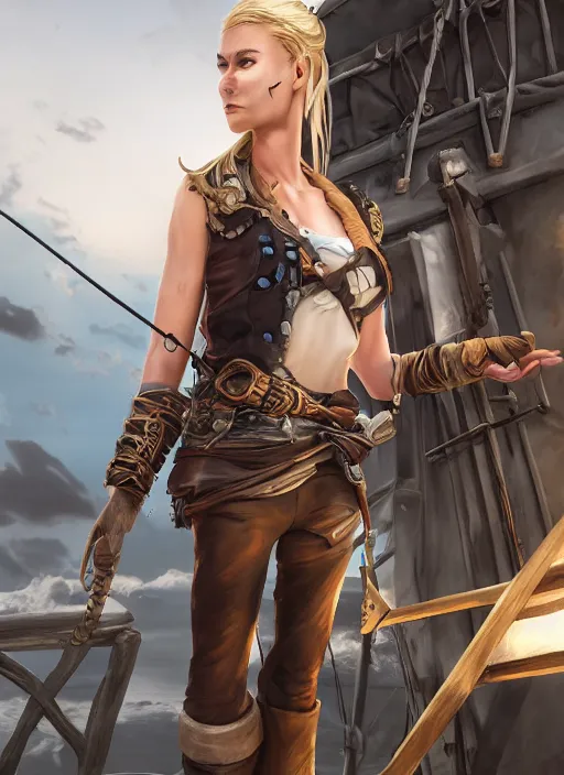 Image similar to An epic fantasy comic book style portrait painting of tall blonde haired female sky-pirate with a serious face and a pony tail in front of a metal gangplank, unreal 5, DAZ, hyperrealistic, octane render, cosplay, RPG portrait, dynamic lighting