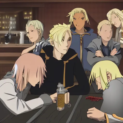 Image similar to young blonde boy fantasy thief in a tavern surrounded by friends, full metal alchemist, anime style
