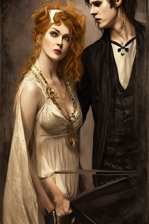 Image similar to a portrait of handsome young male rock star Satan and his elegant beautiful witch wife, bored, illustration, dramatic lighting, soft details, painting oil on canvas, art nouveau, octane render, HDR, 4k, 8k, HD, by Edmund Blair Leighton, Brom, Charlie Bowater, trending on artstation, faces by Tom Bagshaw, Sargent