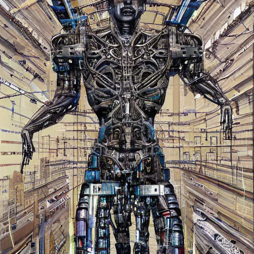 Image similar to a man crucified on a cybernetic sci - fi cross, full of computer elements and cables, symbolic, intricate, hyperdetailed, religious, painting, cyberpunk, in a style of h. r. giger