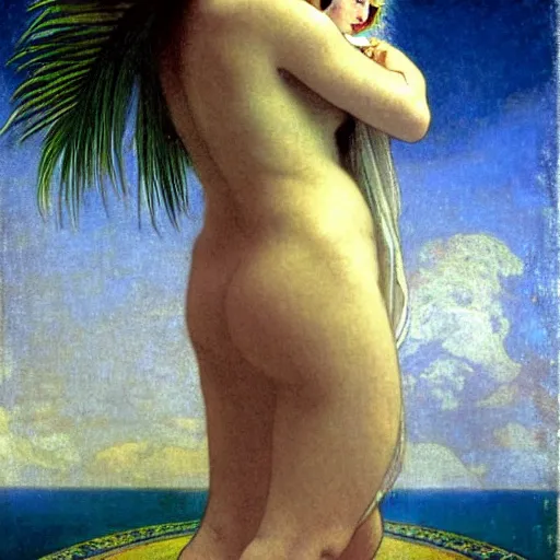 Image similar to Moon girl at the palace, thunderstorm, greek pool, beach and palm trees on the background major arcana sky, by paul delaroche, alphonse mucha and arnold böcklin arnold böcklin hyperrealistic 8k, very detailed