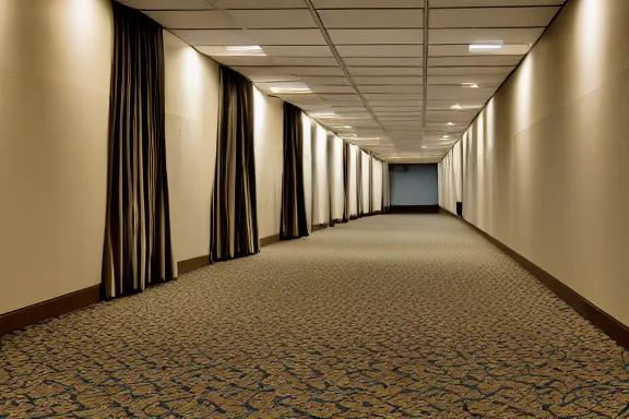 Prompt: an endless space of empty connecting rooms with old yellowed wallpaper from the 1970s and beige carpet lit by fluorescent lights